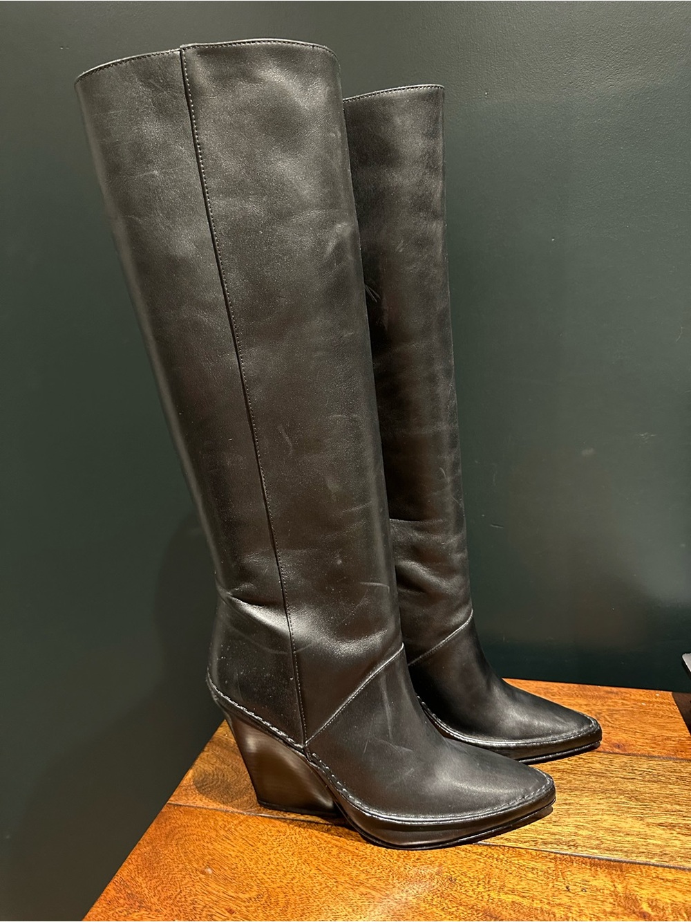 Tory Burch Black Leather Knee-High Wedge Boots